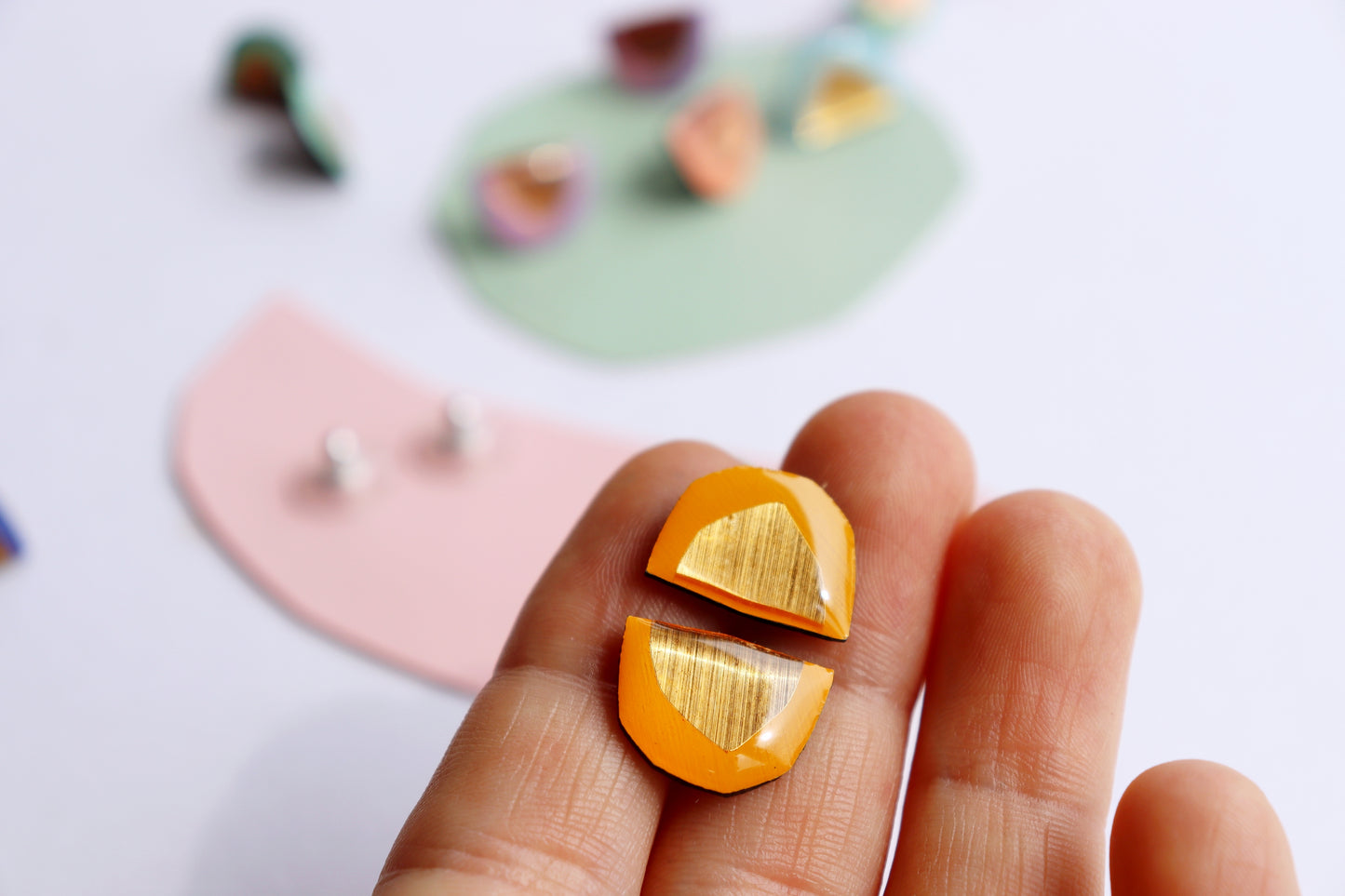colourful stud earrings in yellow and gold / unique Irish design