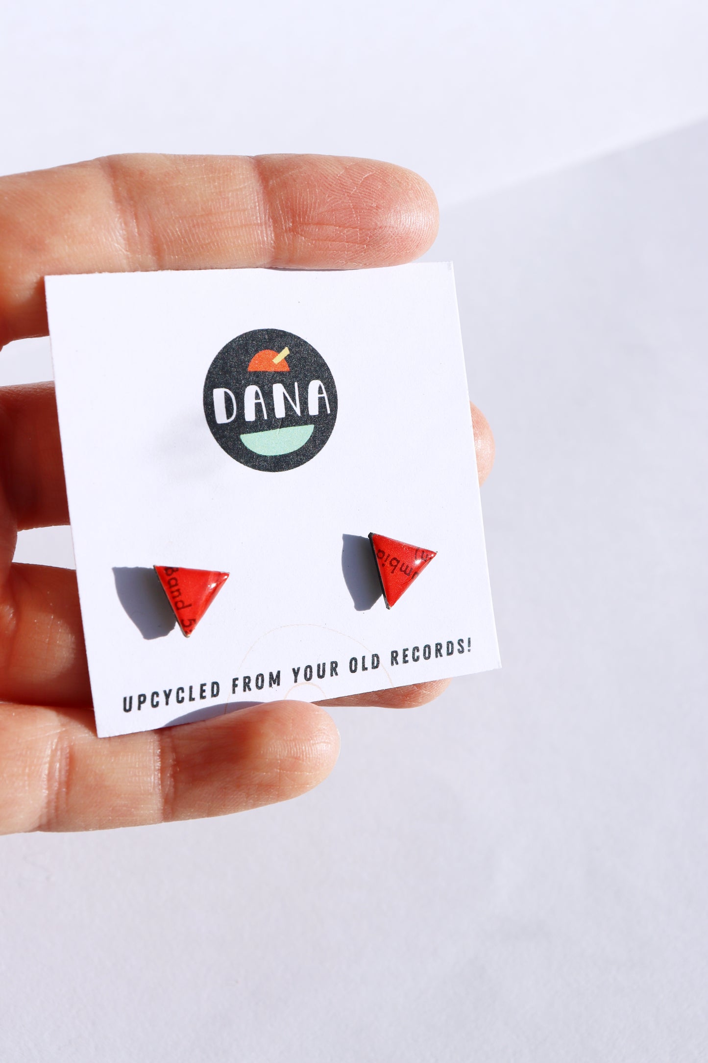 10% OFF / bright red cute triangle studs upcycled from a vinyl record label