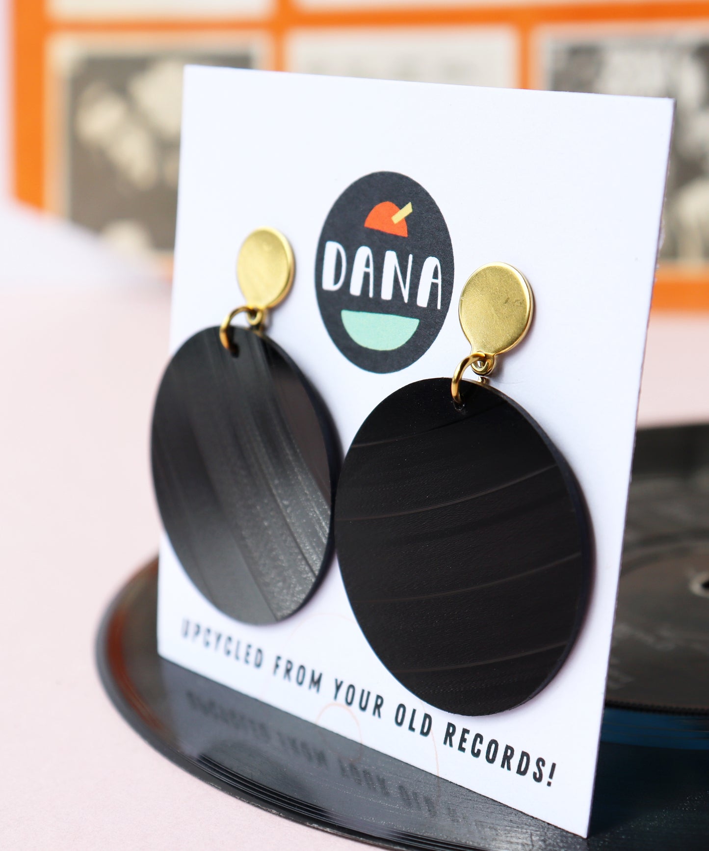 Minimal black disc vinyl record earrings