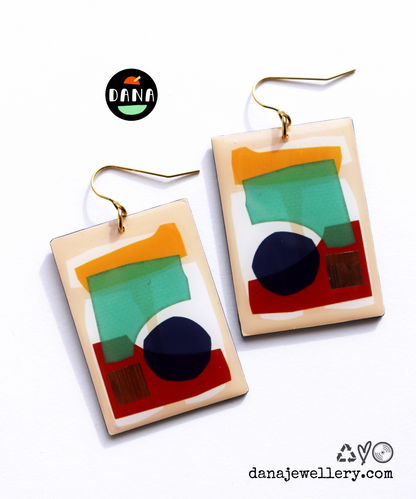 30% OFF Collage abstraction with a touch of copper / contemporary upcycled vinyl earrings