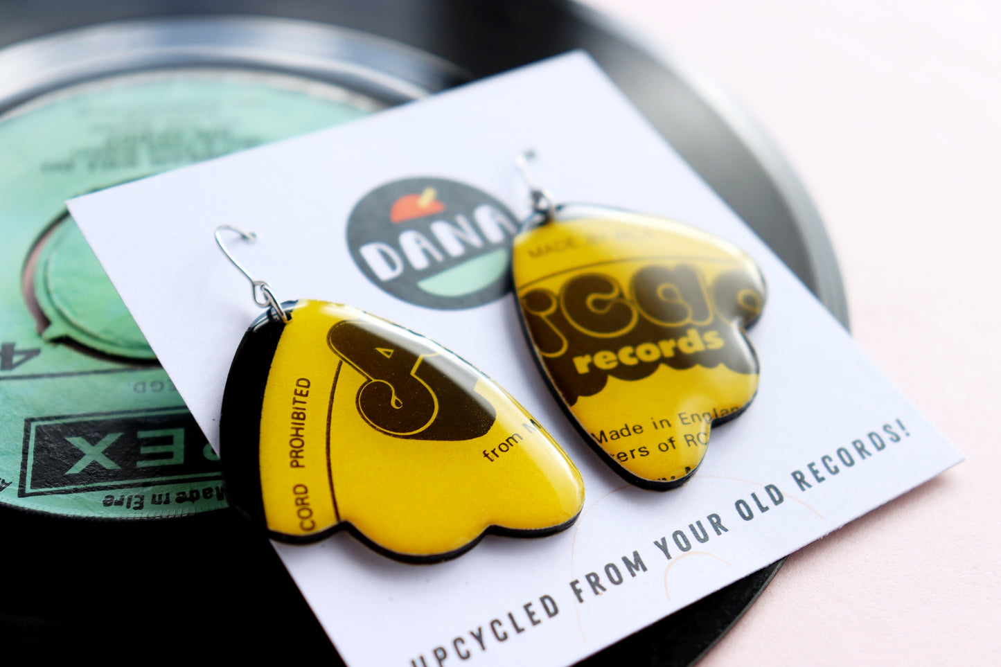 Quirky bright yellow Arcade repurposed vinyl record earrings