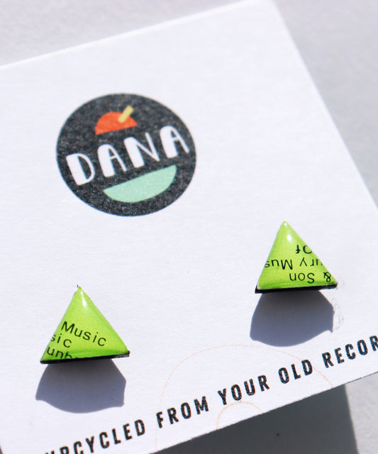 10% OFF / bright lime green cute triangle studs upcycled from a vinyl record label