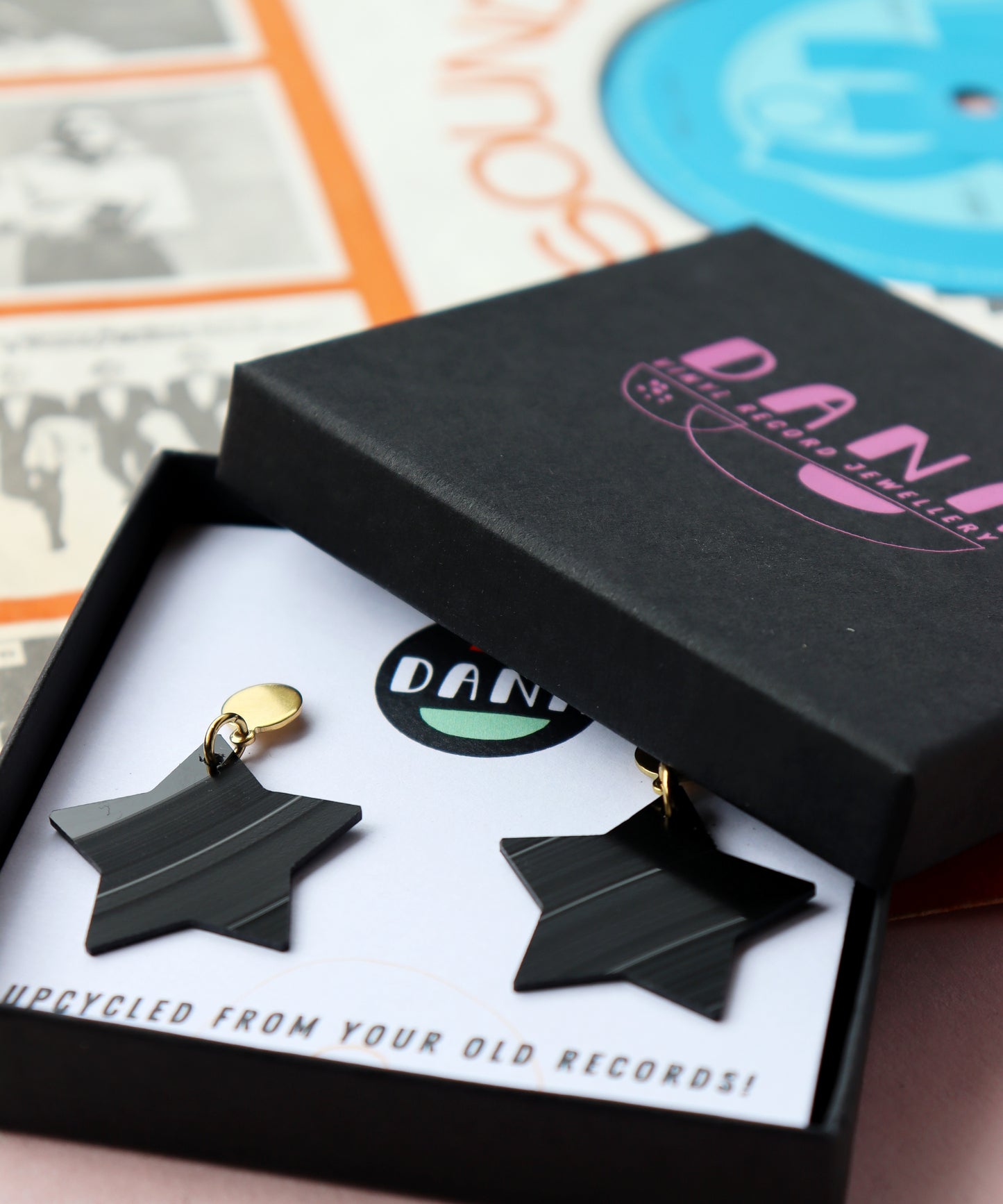 Upcycled black vinyl record star earrings - gold or silver posts