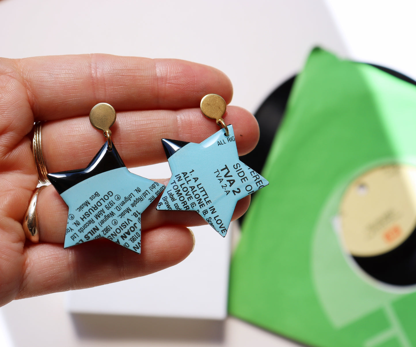 A little in love / Light blue upcycled star vinyl record earrings