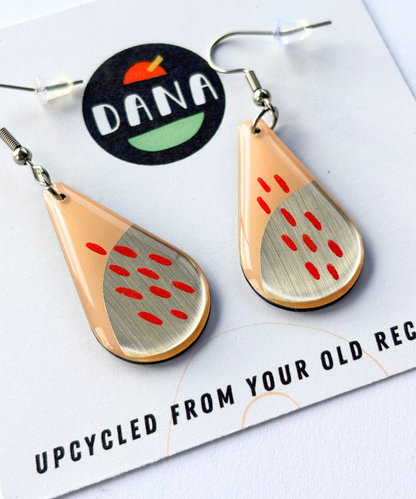 30% OFF unique abstract art earrings upcycled from vinyl record in pink, silver, with red detail