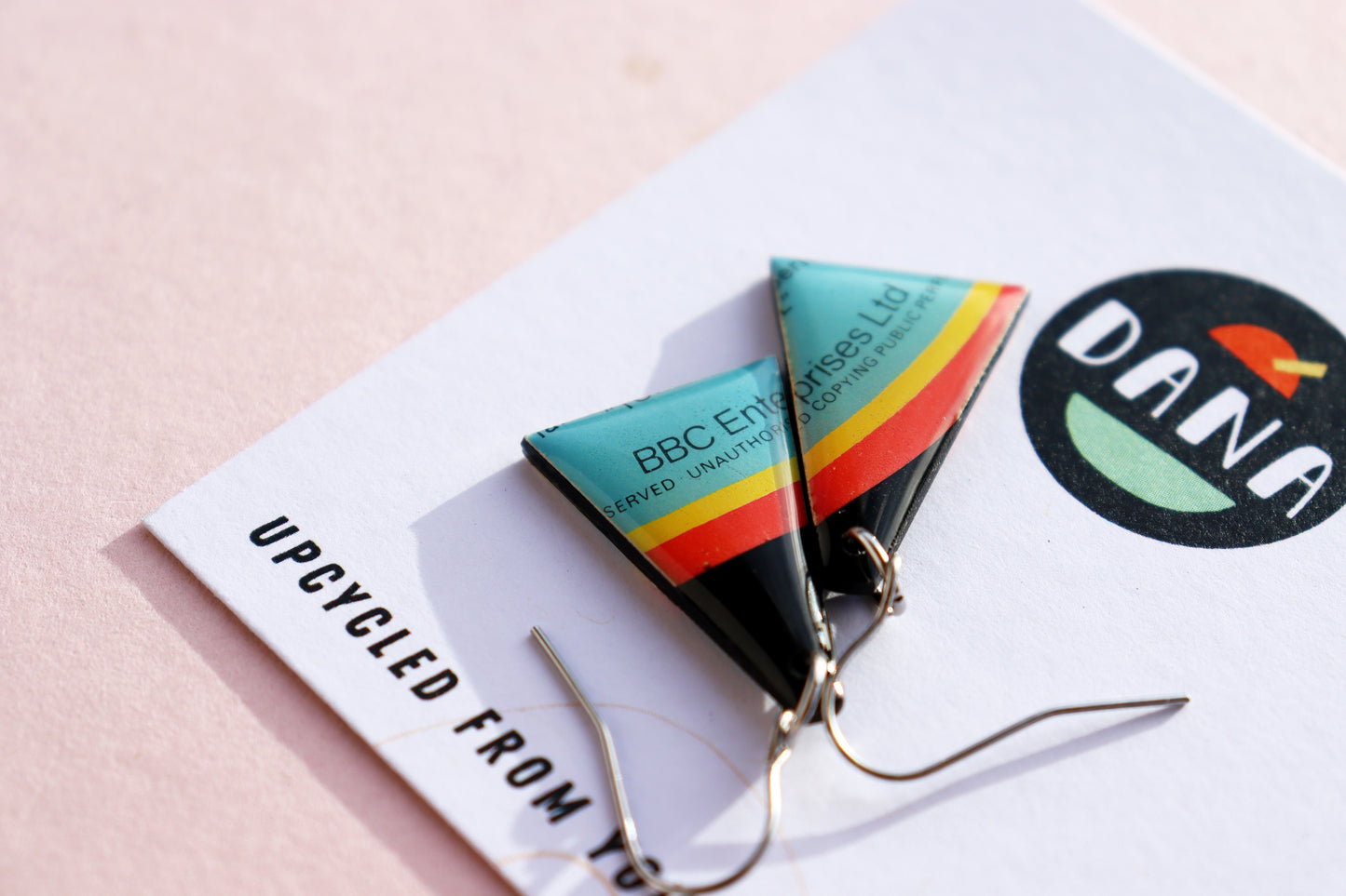 Fun colourful triangle earrings upcycled from vinyl record