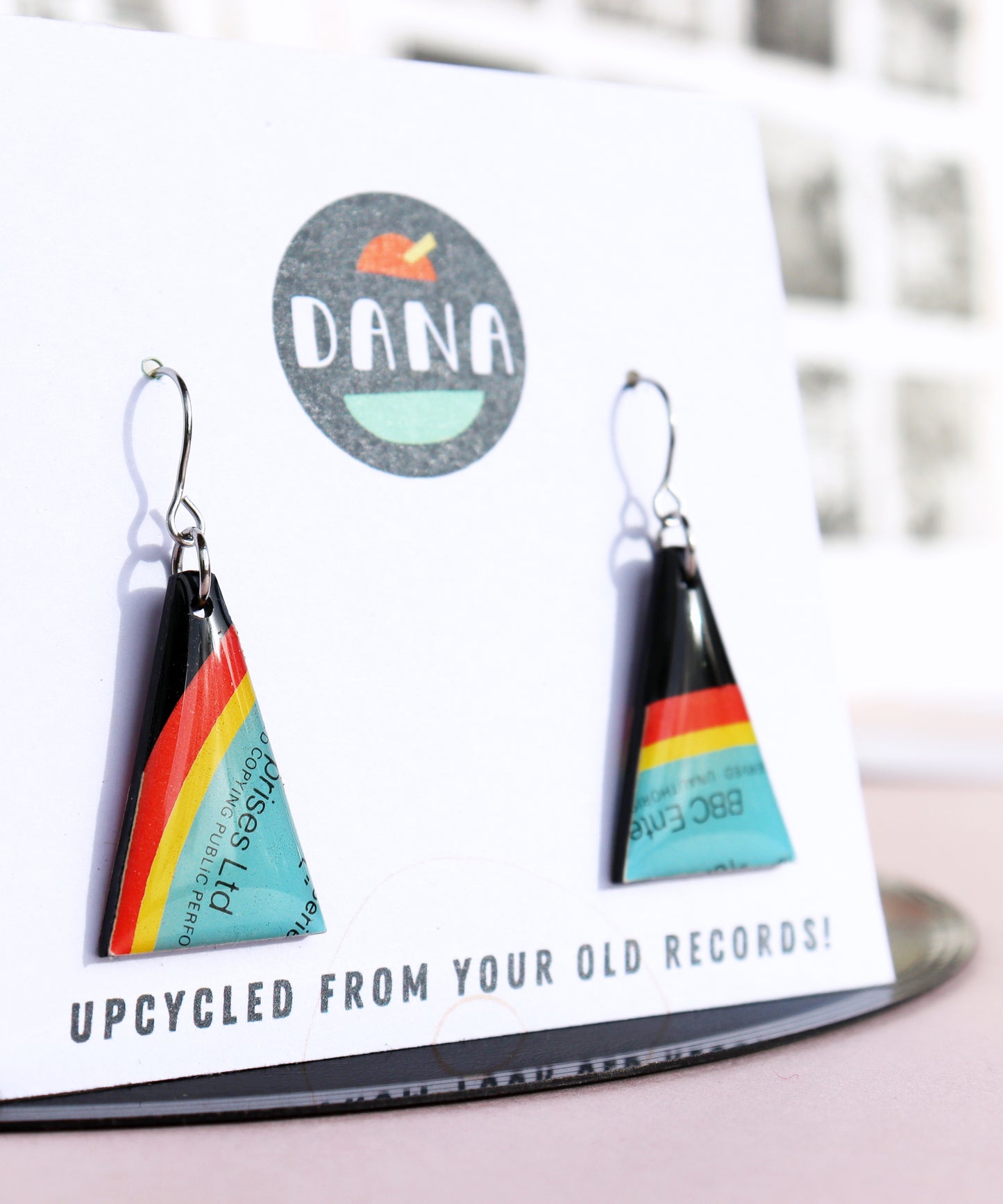 Fun colourful triangle earrings upcycled from vinyl record