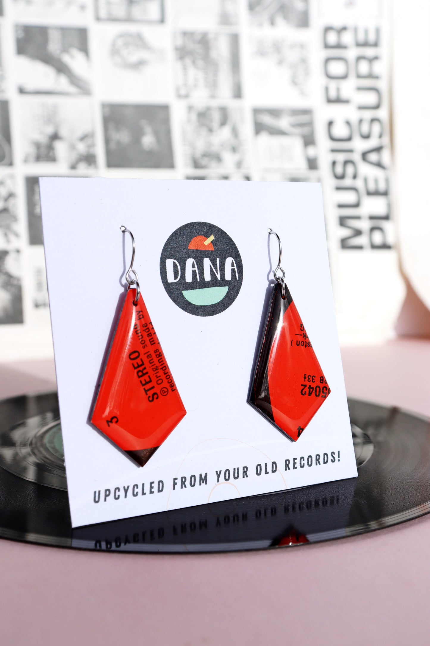 Bright red recycled vinyl record earrings -