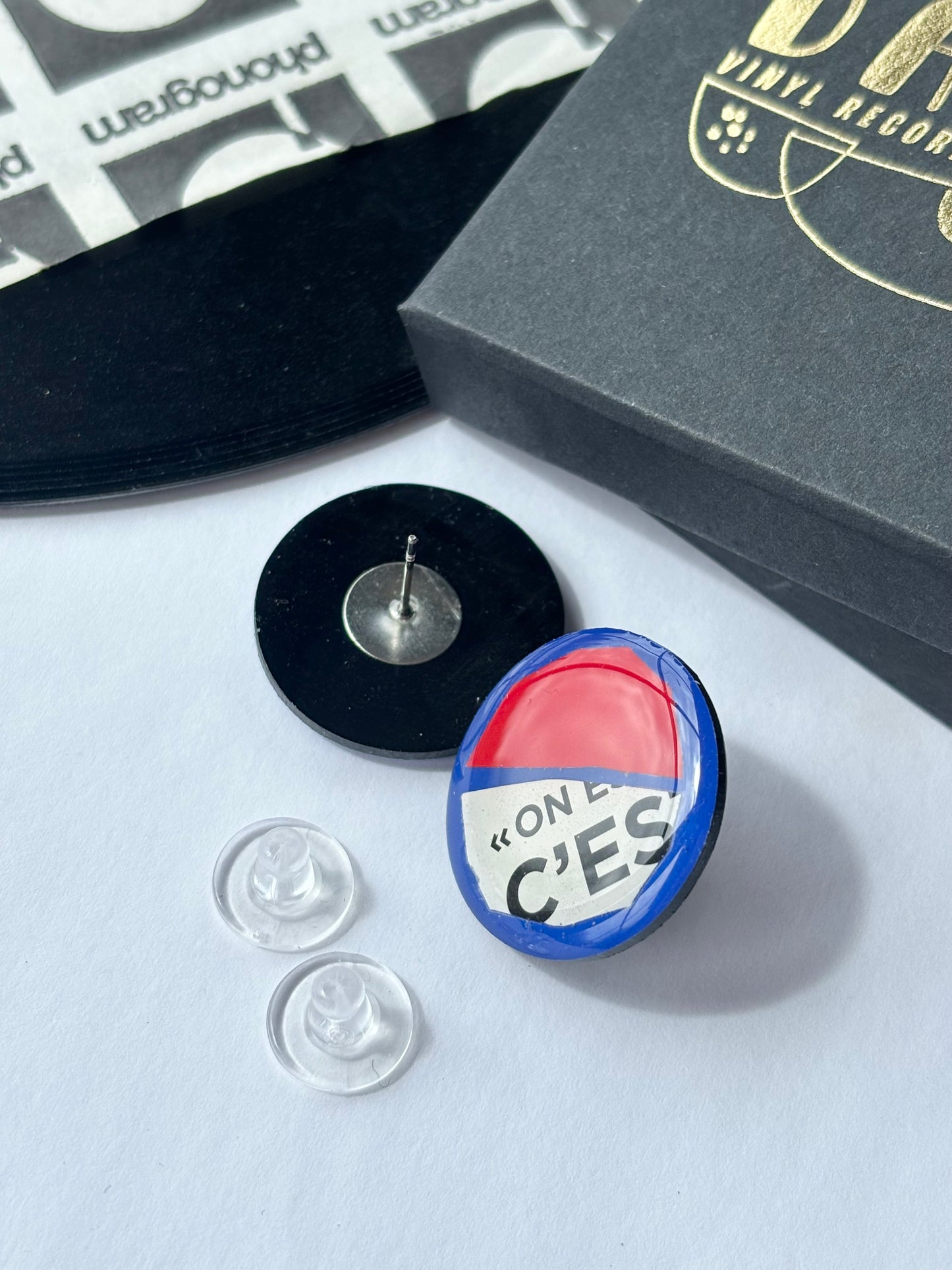 50% off statement large one of a kind studs royal blue, red, yellow, with recycled magazine paper | wearable art