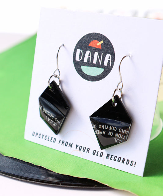 Small black geometric vinyl record earrings / one of a kind upcycled earrings