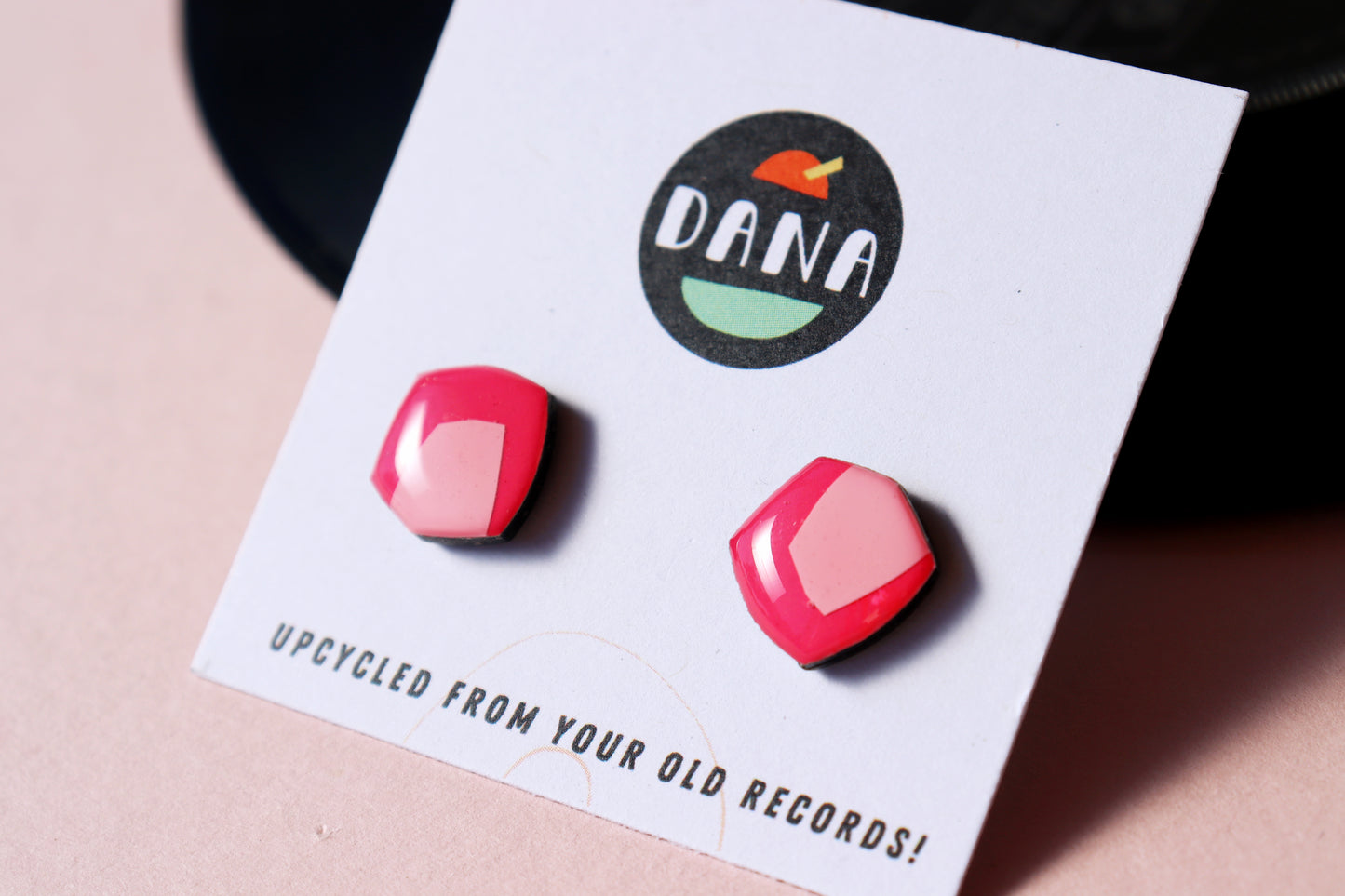 50% OFF / Upcycled vinyl record studs in deep pinky fuchsia and light pink