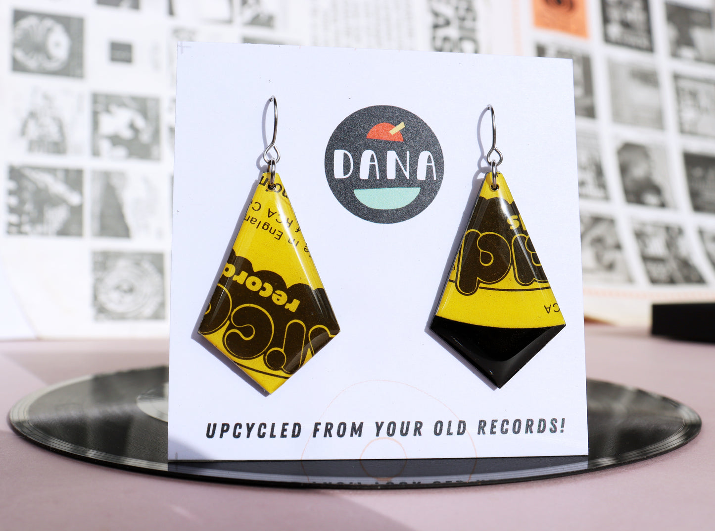 Bright Yellow Geometric Upcycled Vinyl Record Earrings - Handcrafted Statement Earrings / ooak