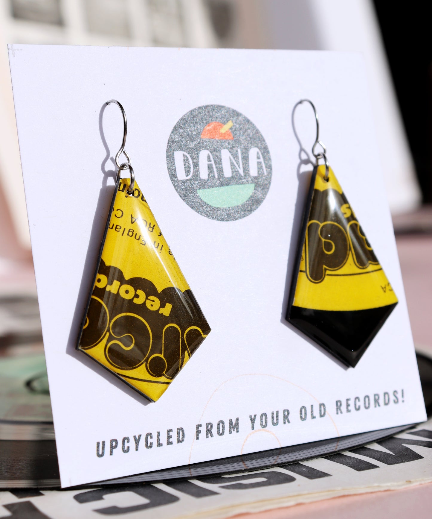 Bright Yellow Geometric Upcycled Vinyl Record Earrings - Handcrafted Statement Earrings