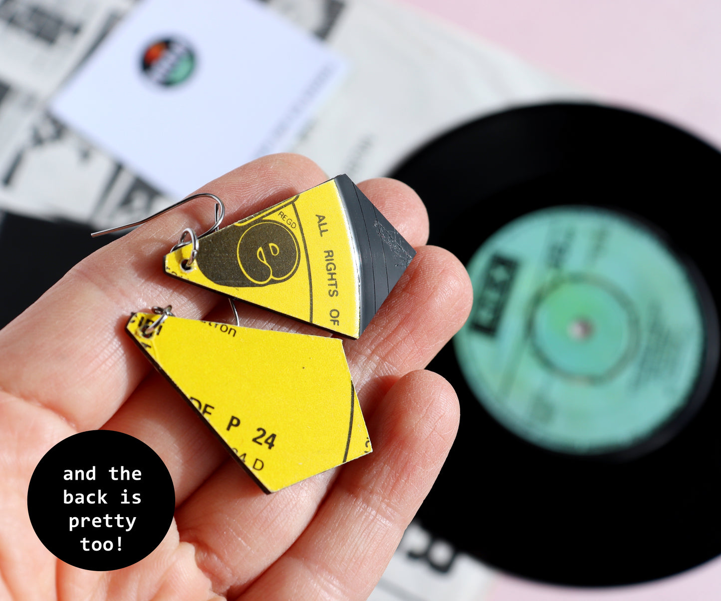 Bright Yellow Geometric Upcycled Vinyl Record Earrings - Handcrafted Statement Earrings / ooak