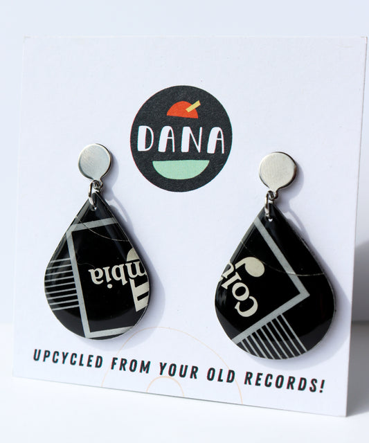 Columbia / black teardrop vinyl record earrings handmade in Ireland