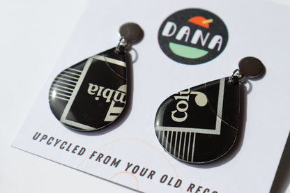 Columbia / black teardrop vinyl record earrings handmade in Ireland