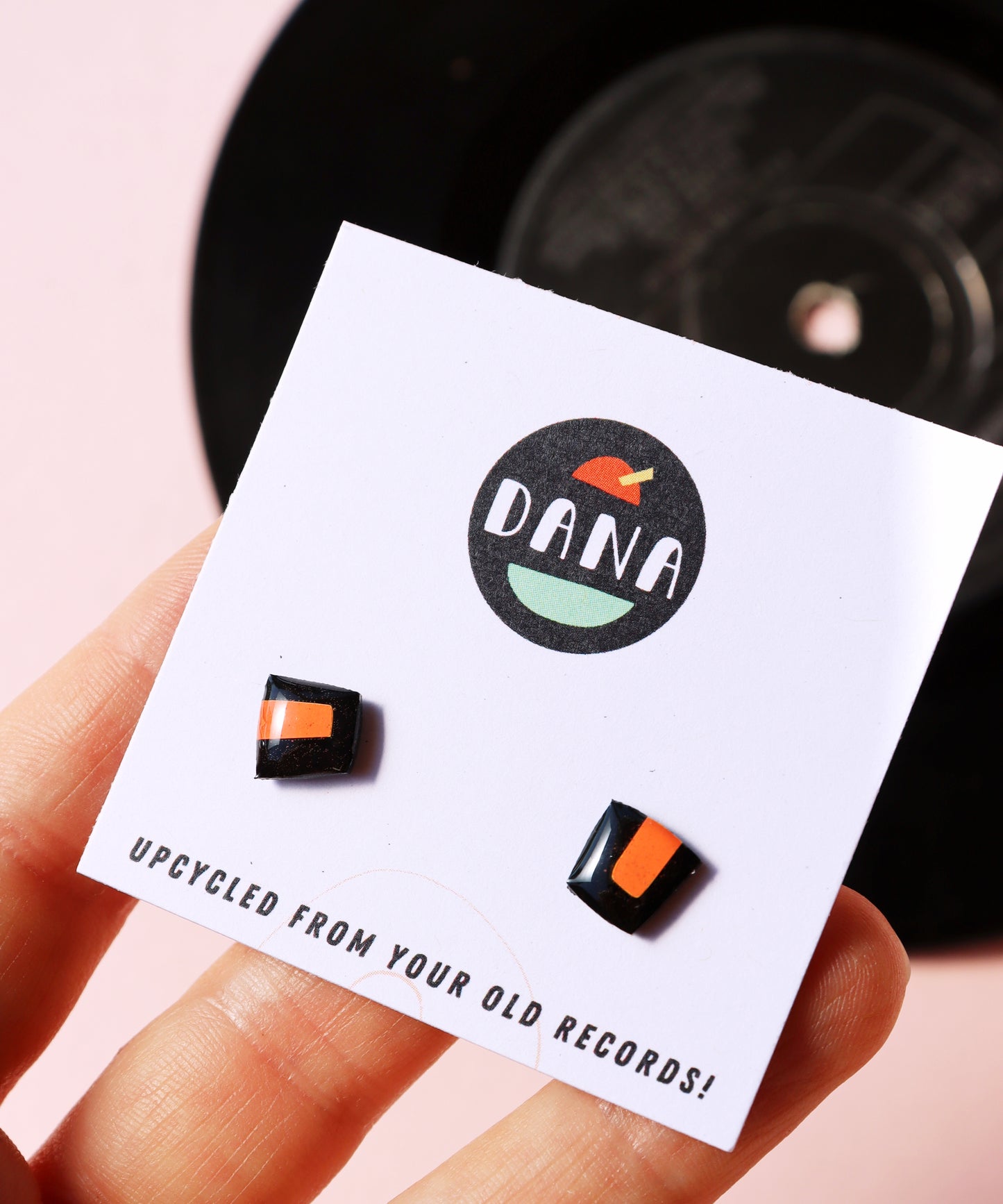 50% OFF / small upcycled vinyl record studs in black and orange
