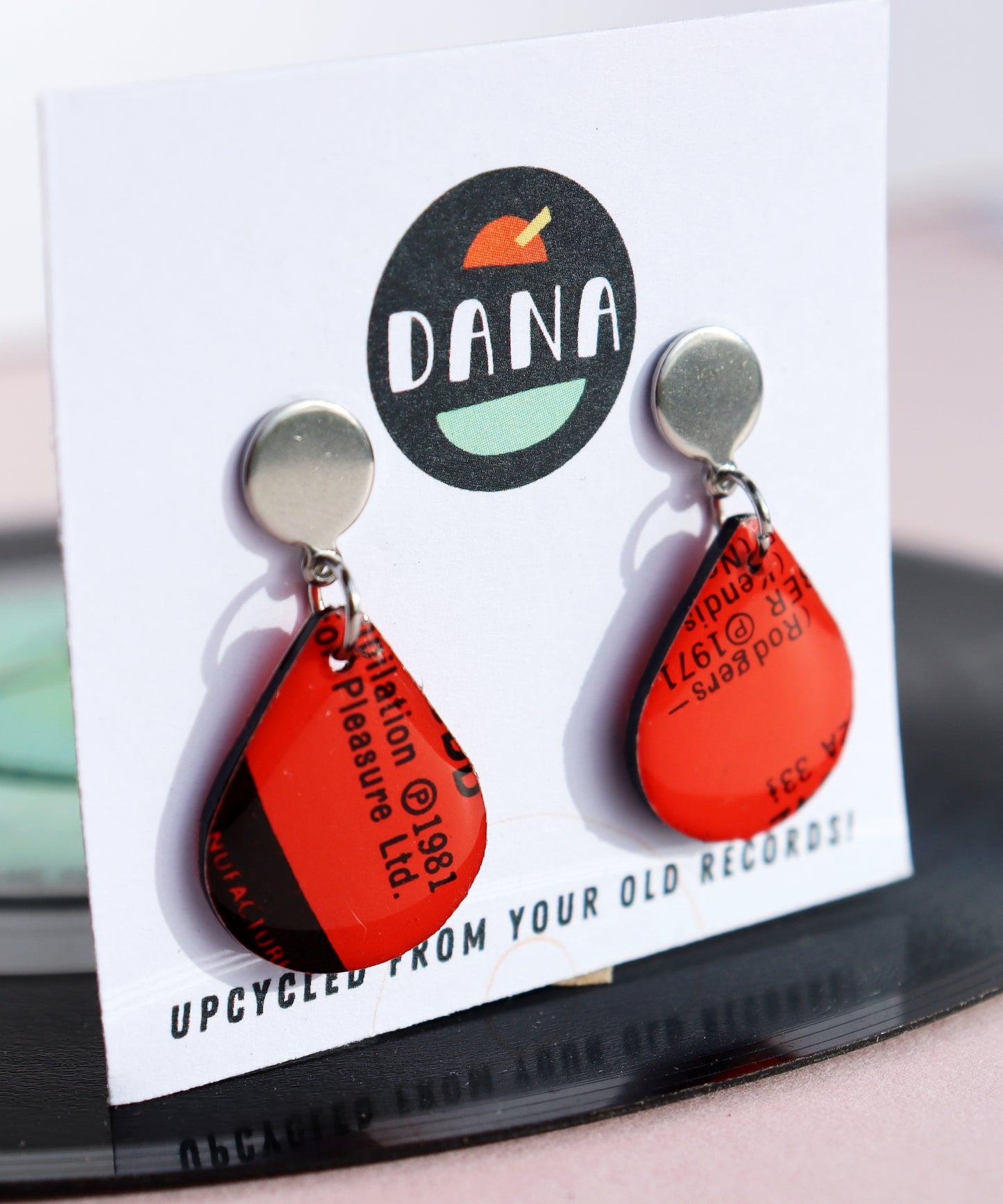 Cute teardrop earrings in red / unique upcycled Irish design