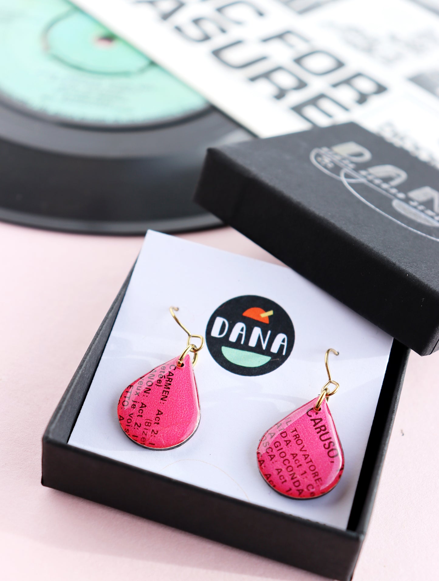 Small repurposed vinyl record teardrop earrings in fab fuchsia pink