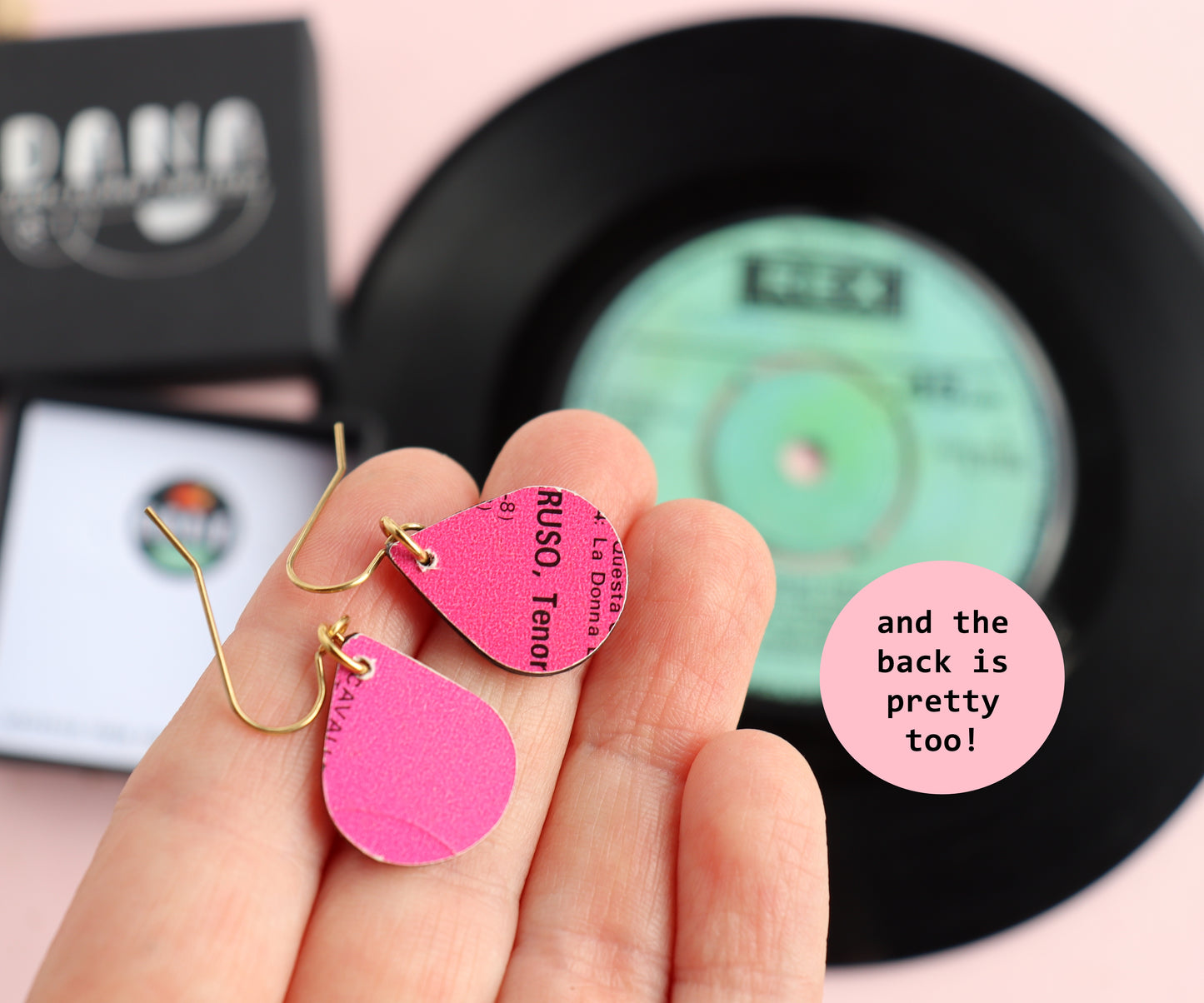 Small repurposed vinyl record teardrop earrings in fab fuchsia pink