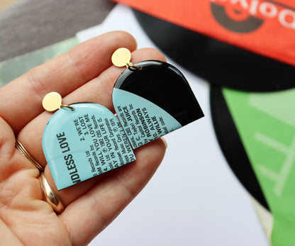 WILL YOU LOVE ME / 1982 / Endless Love compilation / upcycled arch vinyl record earrings in aqua and black