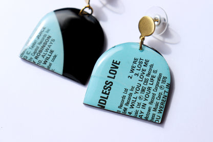 WILL YOU LOVE ME / 1982 / Endless Love compilation / upcycled arch vinyl record earrings in aqua and black