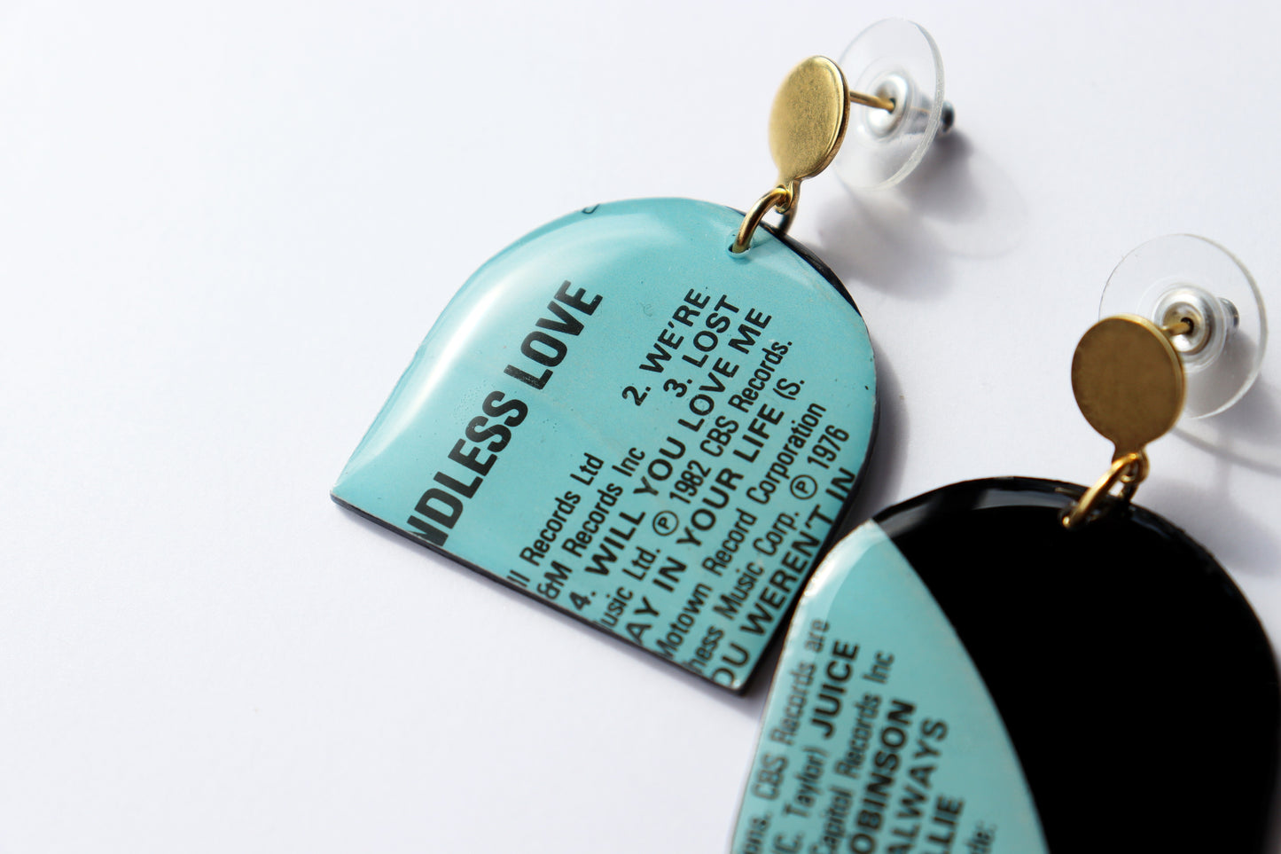 WILL YOU LOVE ME / 1982 / Endless Love compilation / upcycled arch vinyl record earrings in aqua and black