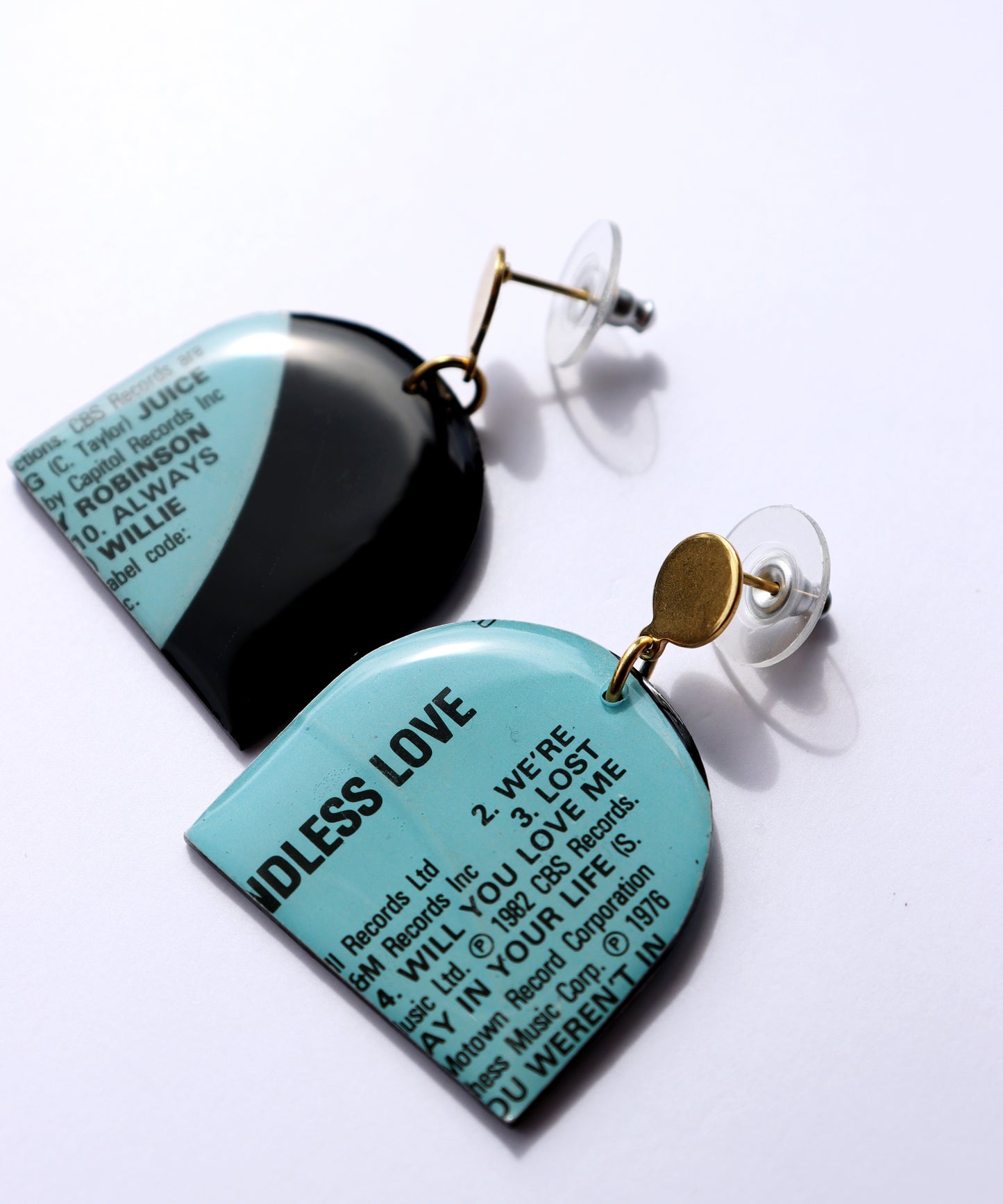 WILL YOU LOVE ME / 1982 / Endless Love compilation / upcycled arch vinyl record earrings in aqua and black