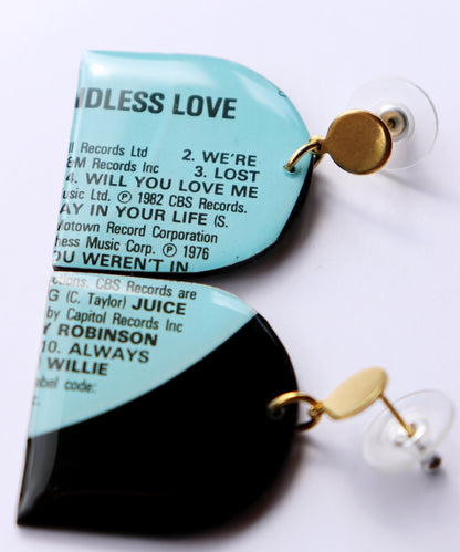 WILL YOU LOVE ME / 1982 / Endless Love compilation / upcycled arch vinyl record earrings in aqua and black