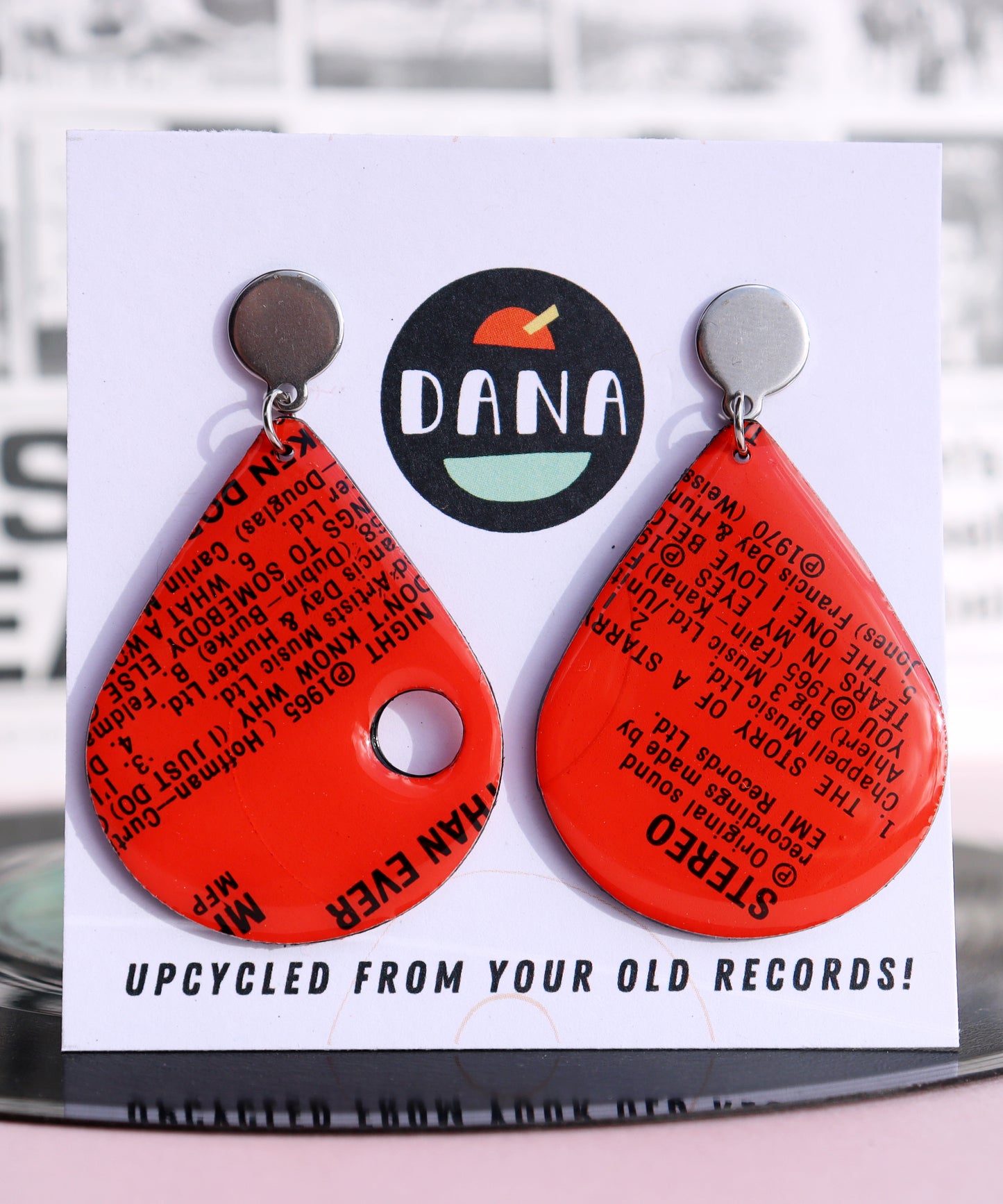 One of a kind red vinyl record earrings full of passion and love and heartache