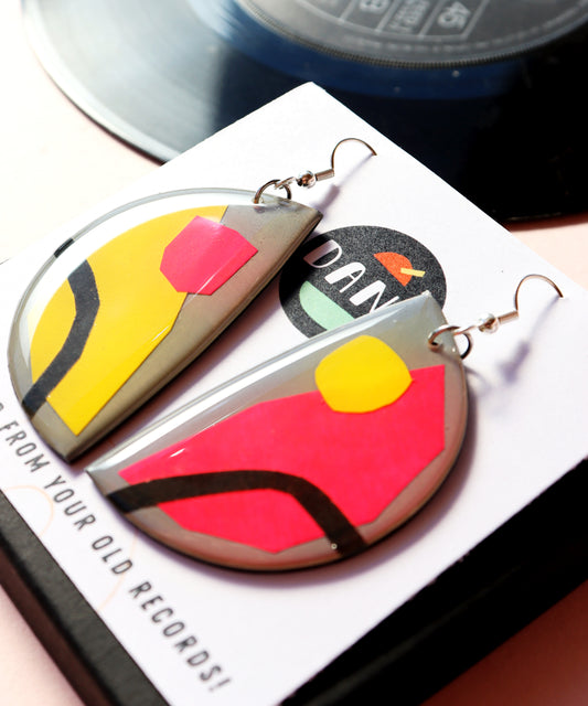 20% OFF One of a kind upcycled art earrings in hot pink, yellow, grey and black