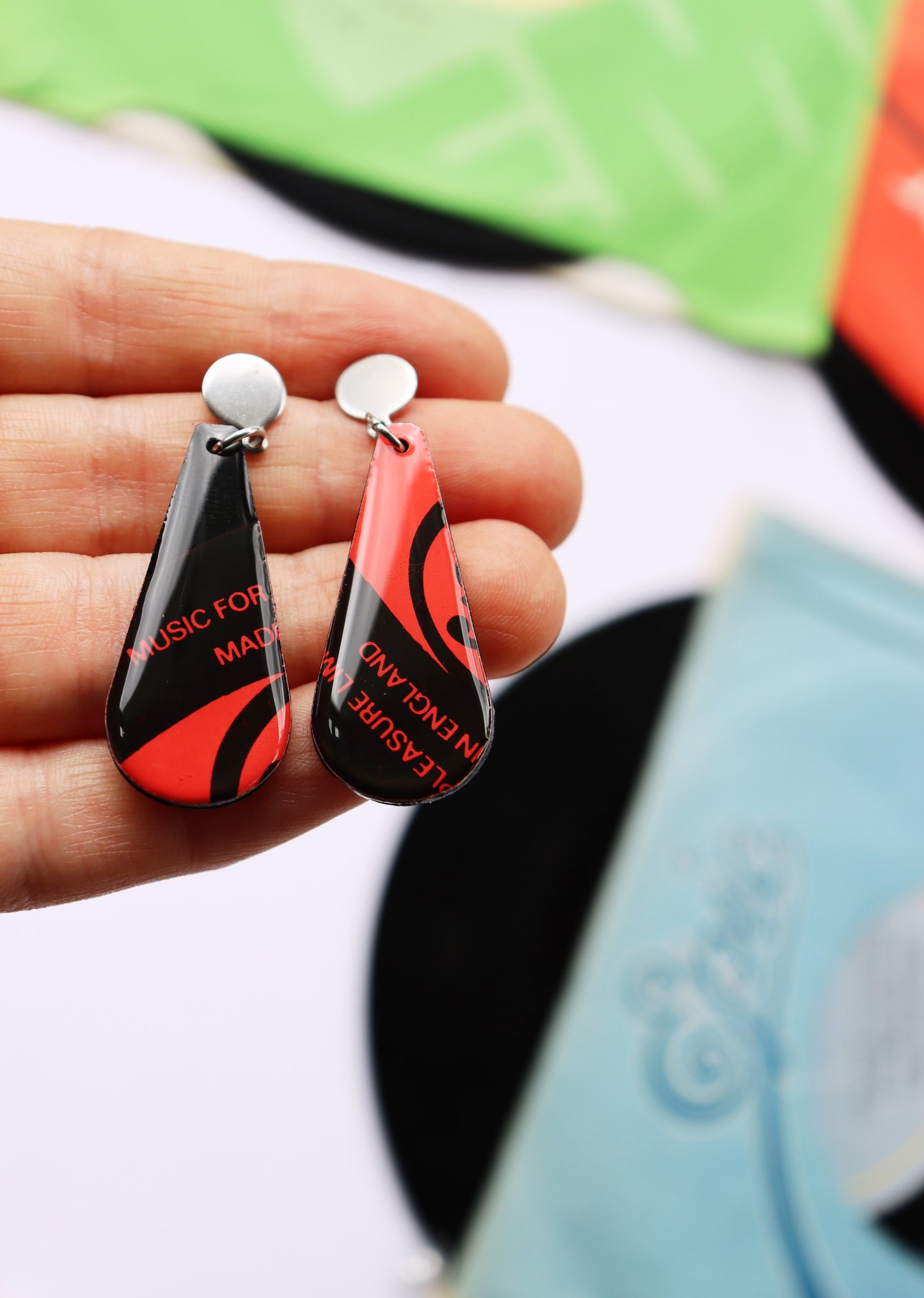 Music for Pleasure / upcycled chic recycled vinyl record earrings in black and red