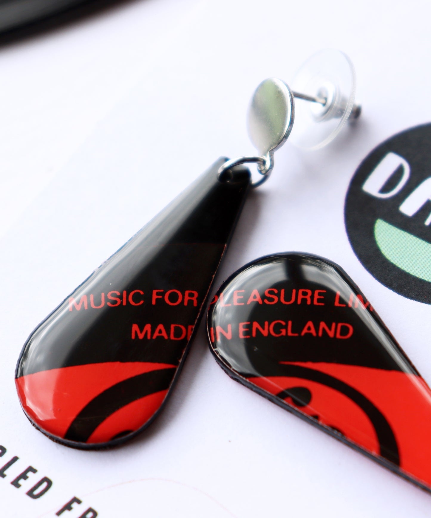 Music for Pleasure / upcycled chic recycled vinyl record earrings in black and red