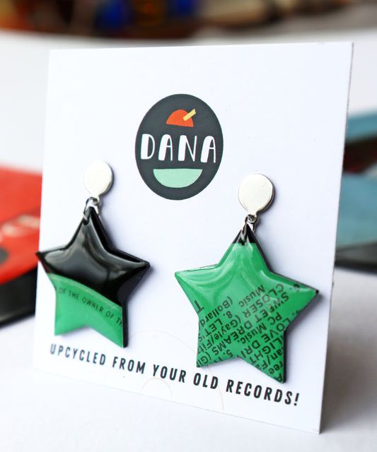 SWEET DREAMS / Harp Records / One of a kind green star recycled vinyl record earrings