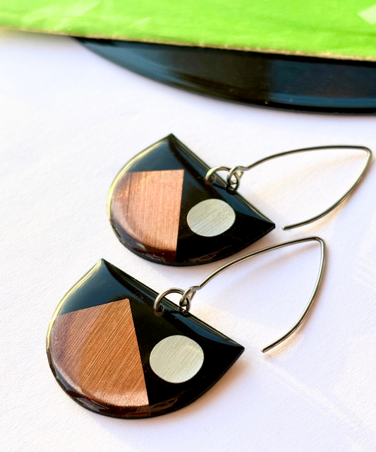 30% OFF upcycled record earrings in copper with a pop of silver / geometric contemporary Irish jewellery design