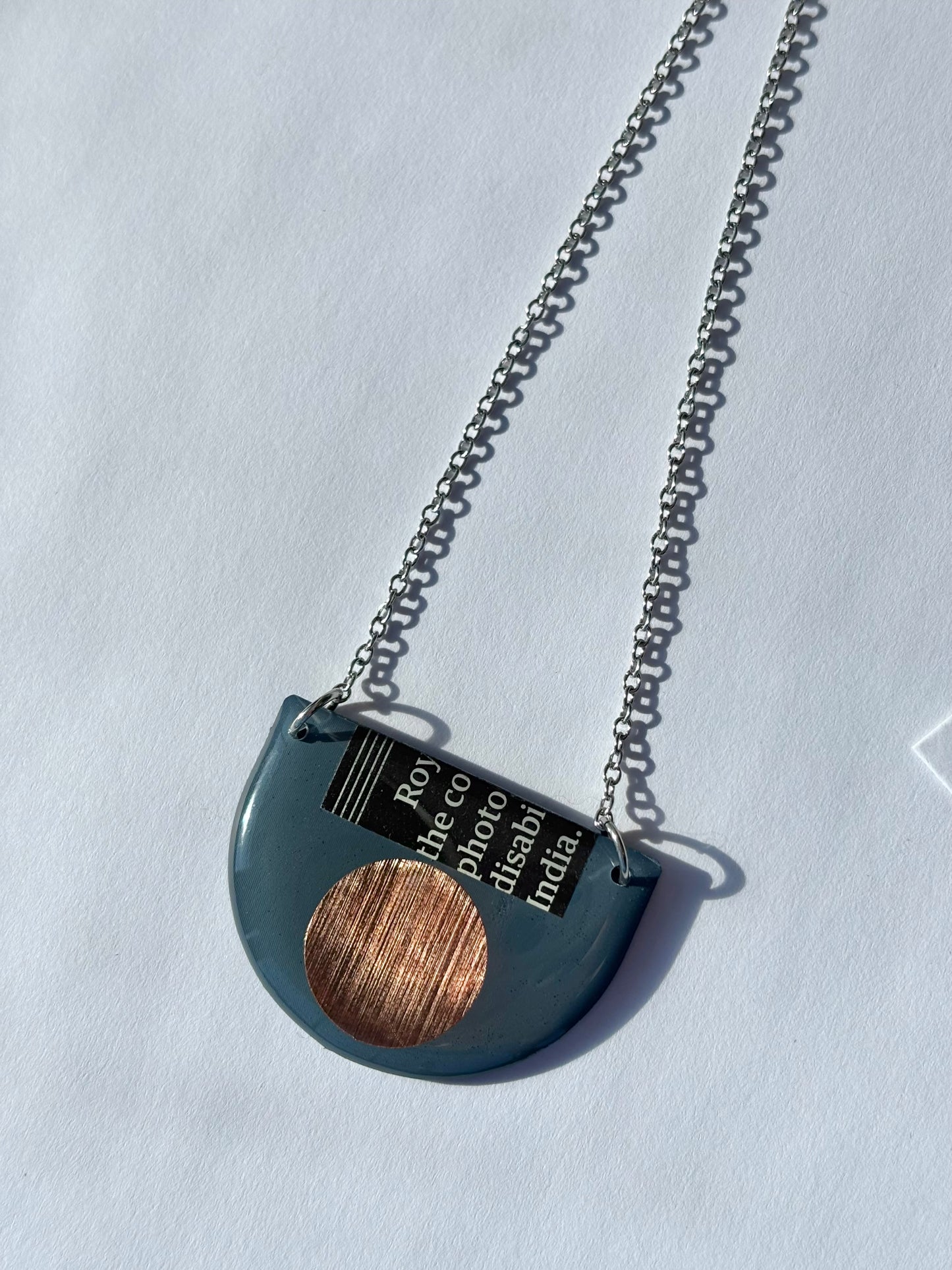 40% OFF / modern recycled vinyl record necklace in blue grey, copper and recycled paper detail