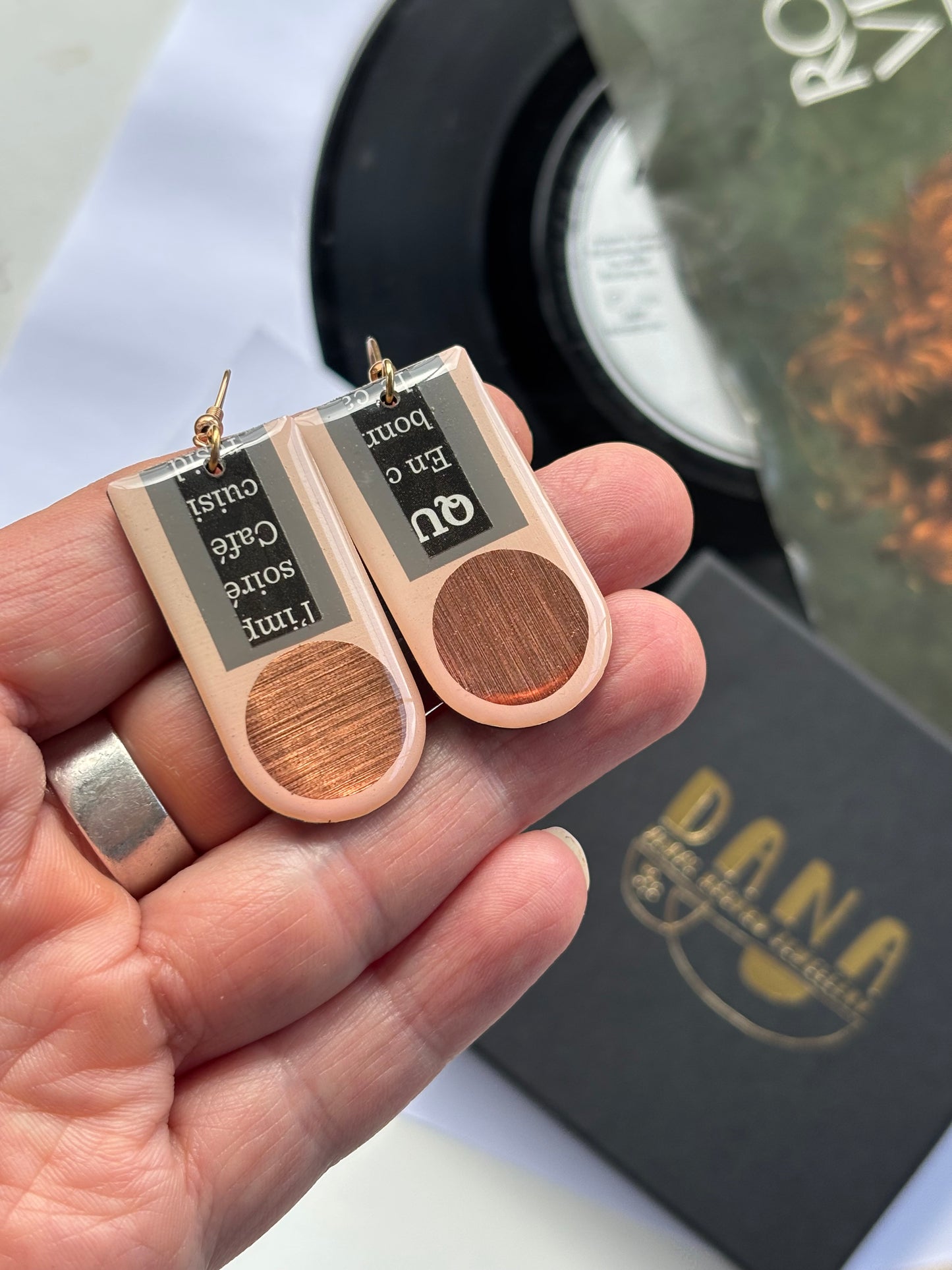50% OFF unique art earrings made from vinyl record and a pop of copper