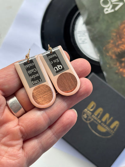 50% OFF unique art earrings made from vinyl record and a pop of copper