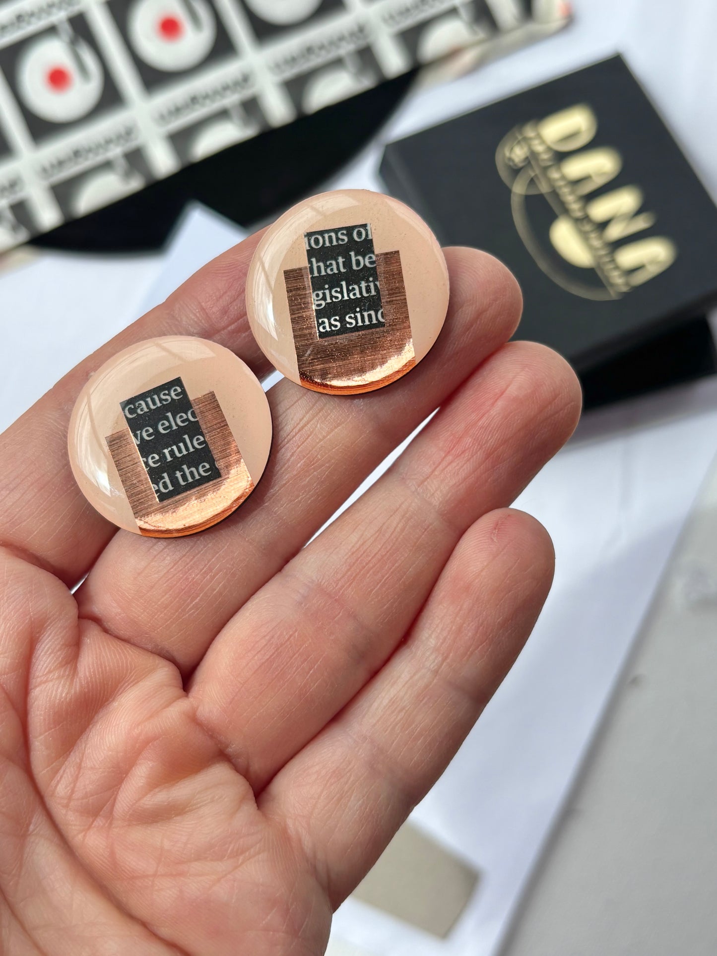 50% off large one of a kind studs In light warm pink, copper, with recycled magazine details/ upcycled from your old records