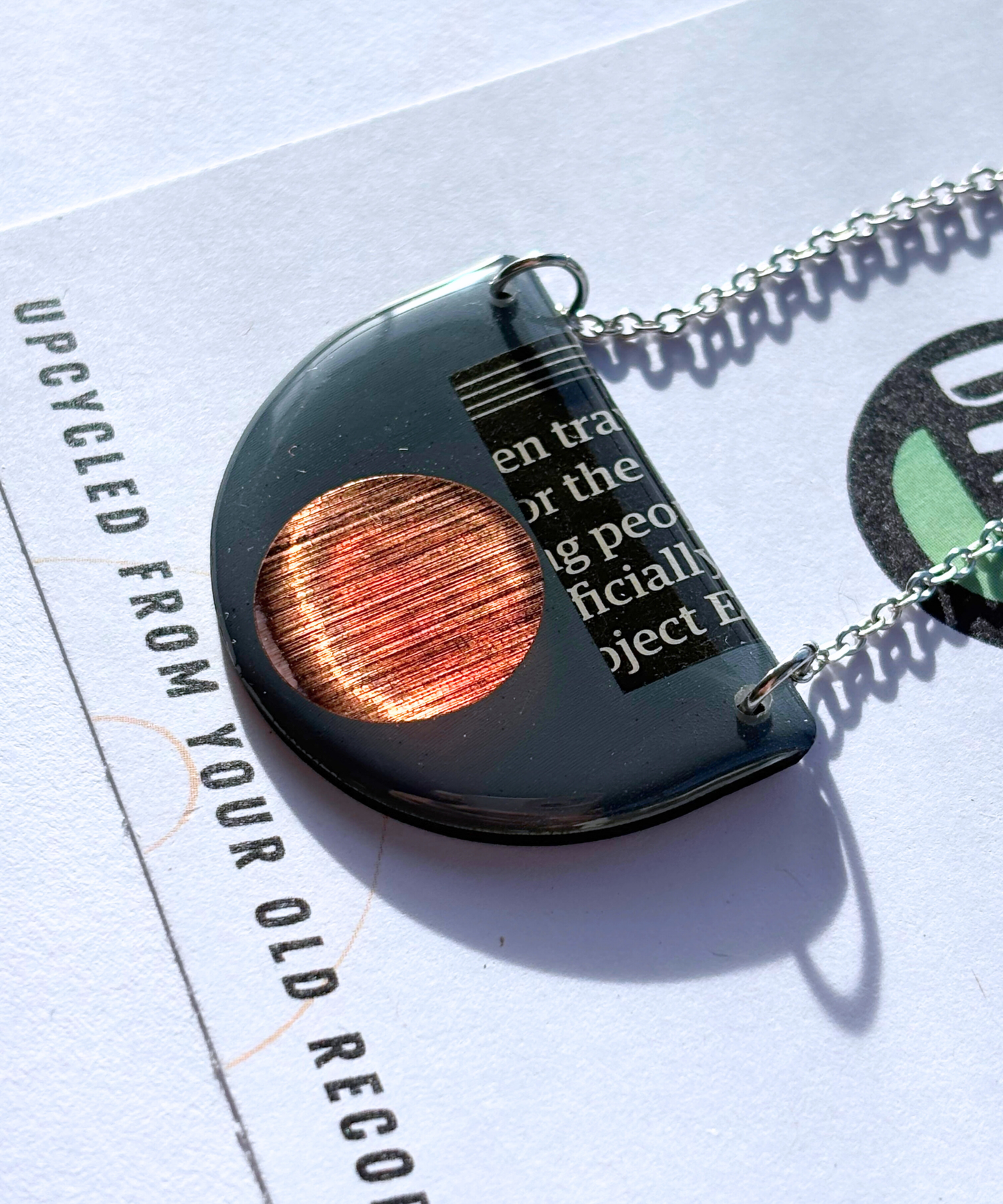 40% OFF / modern recycled vinyl record necklace in blue grey, copper and recycled paper detail