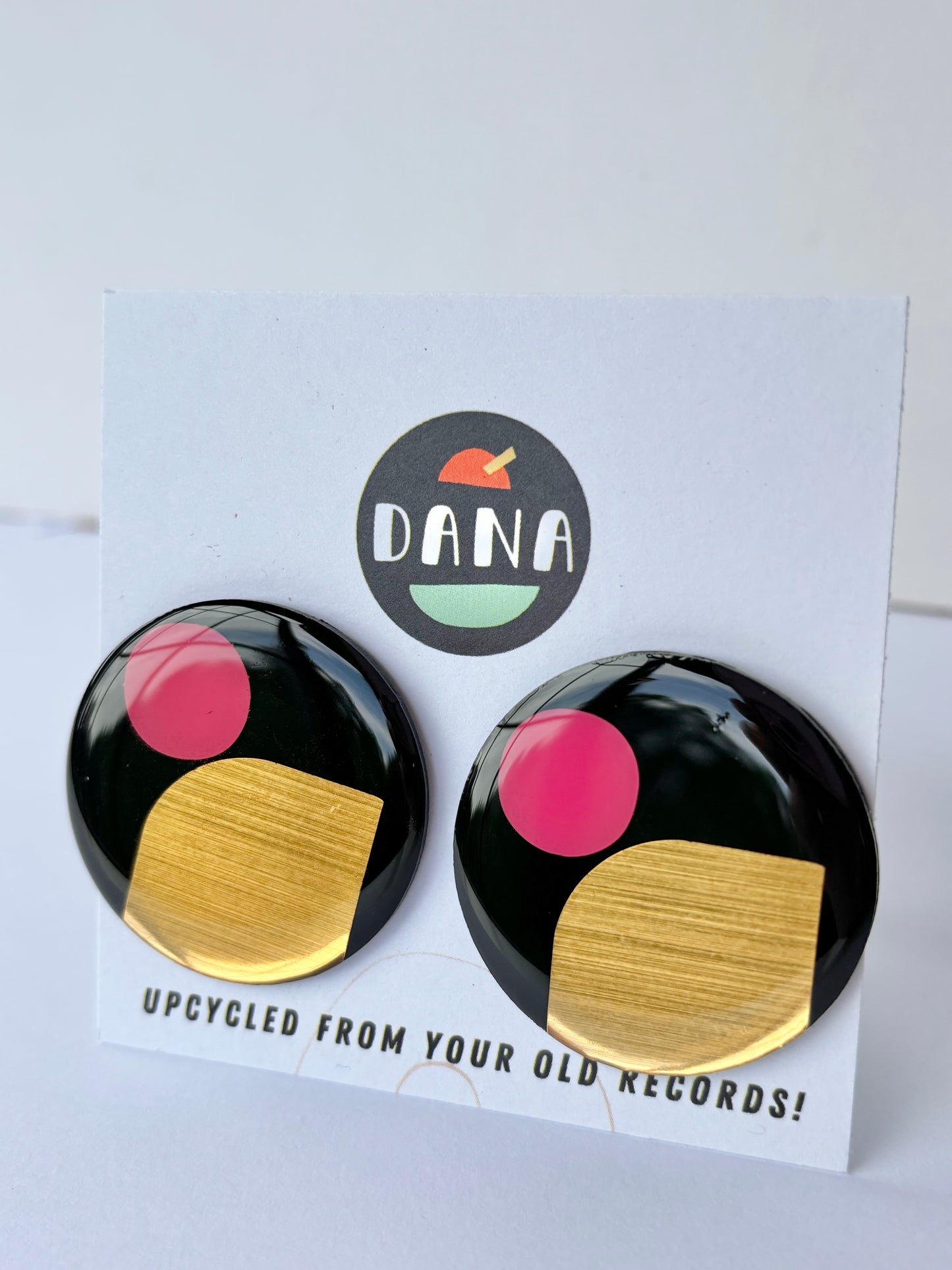 50% OFF X-LARGE STATEMENT upcycled vinyl record studs in black, gold, and pink