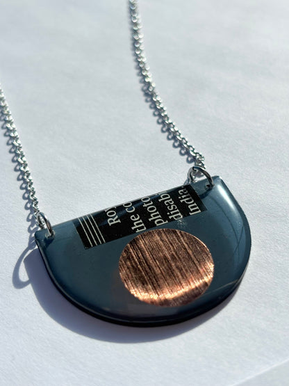 40% OFF / modern recycled vinyl record necklace in blue grey, copper and recycled paper detail