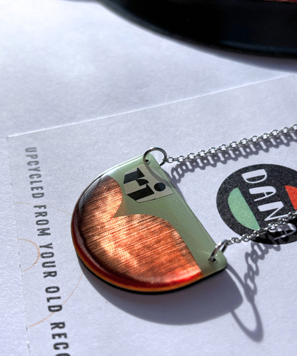 40% OFF / modern recycled vinyl record necklace in mint green, copper, and recycled paper detail