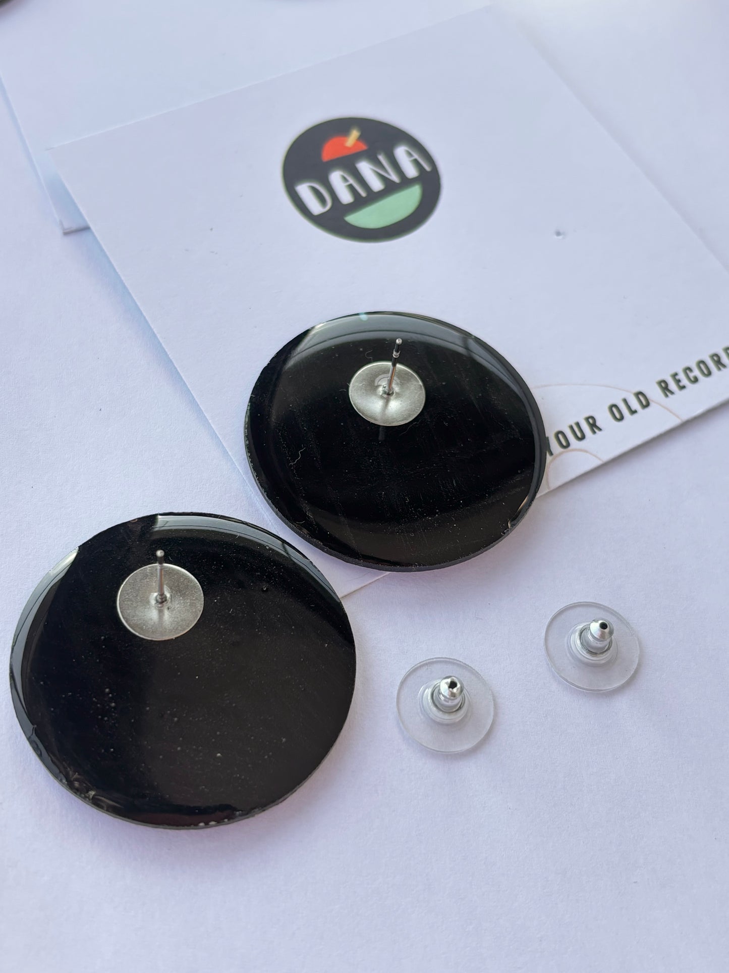 50% OFF X-LARGE STATEMENT upcycled vinyl record studs in black, gold, and pink
