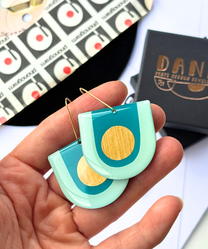 30% off bold graphic earrings in teal green & gold | Irish made earrings