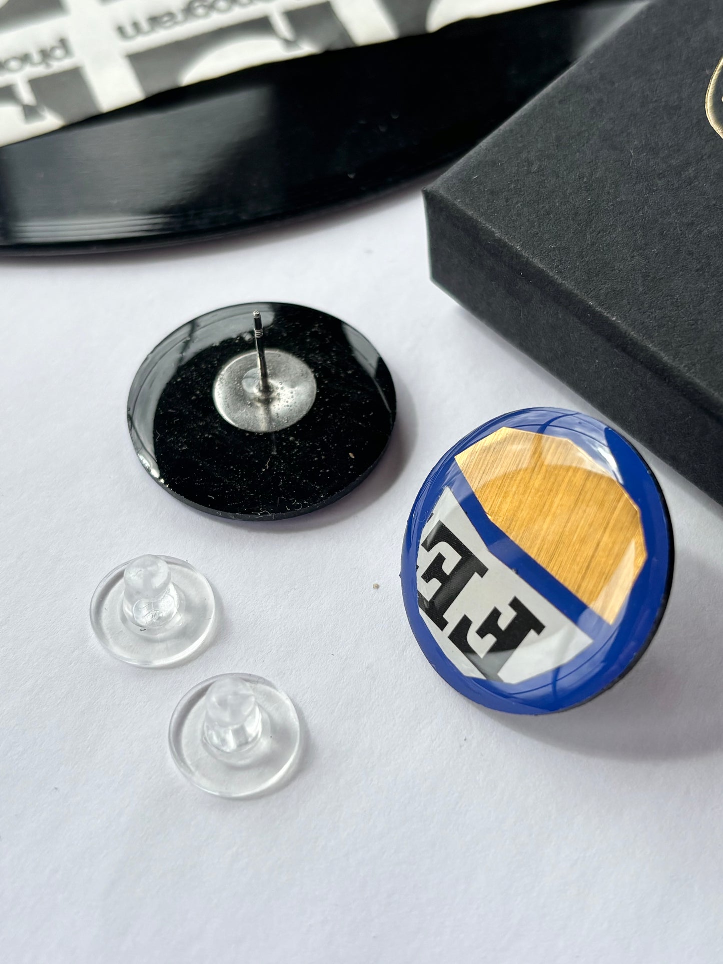 50% off large one of a kind studs in royal blue, lush gold, with recycled magazine details/ upcycled from your old records