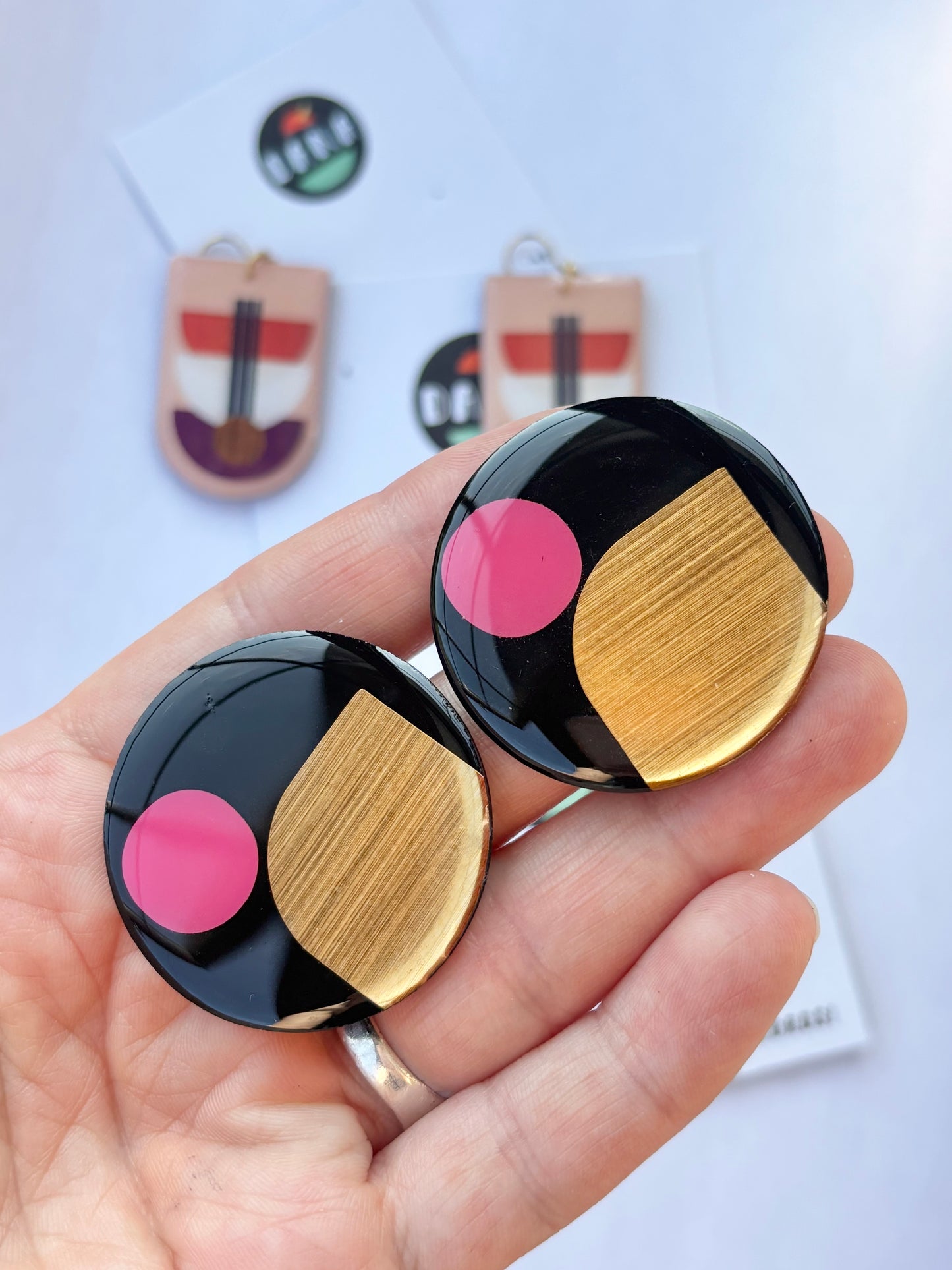 50% OFF X-LARGE STATEMENT upcycled vinyl record studs in black, gold, and pink