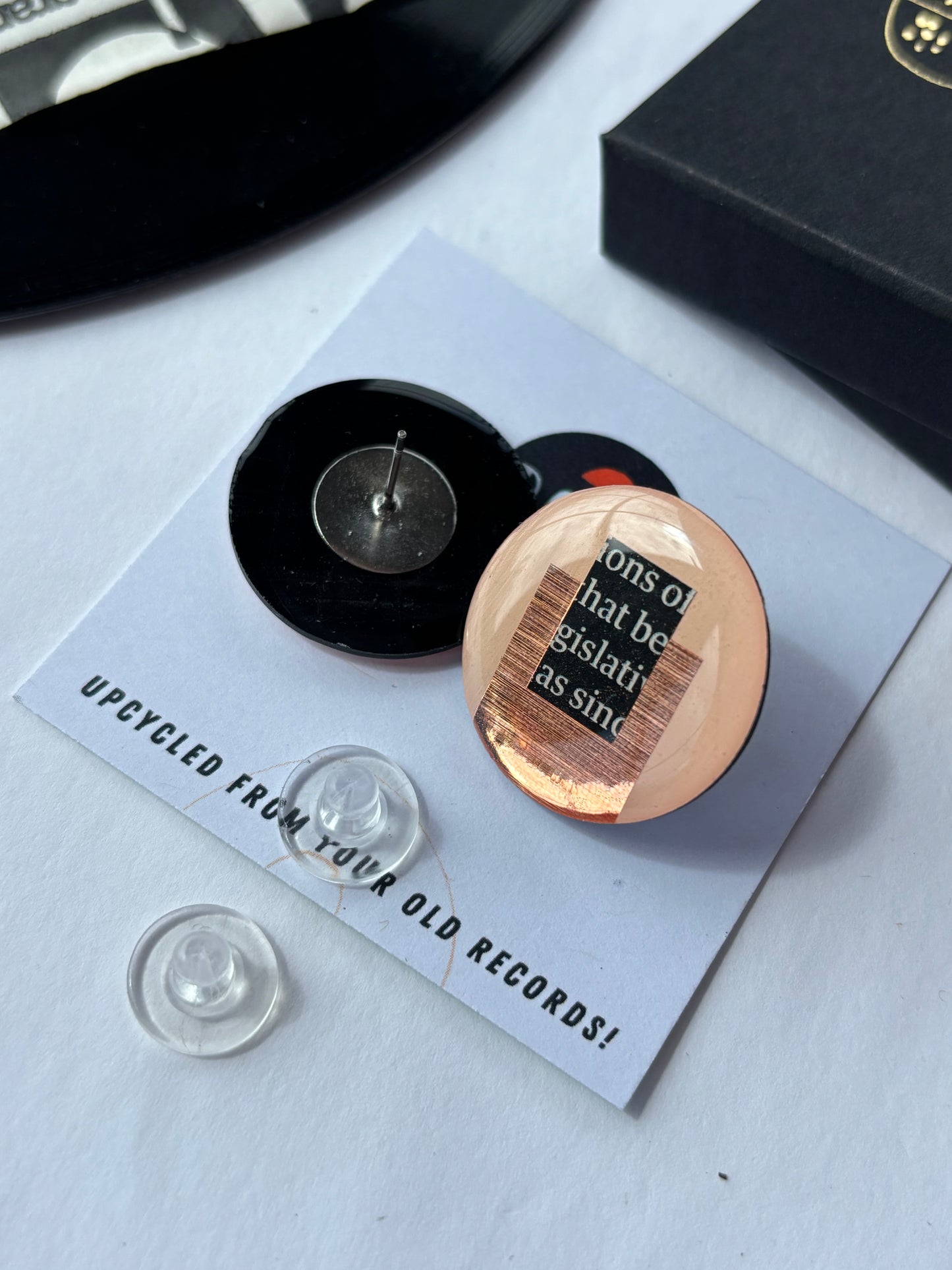 50% off large one of a kind studs In light warm pink, copper, with recycled magazine details/ upcycled from your old records