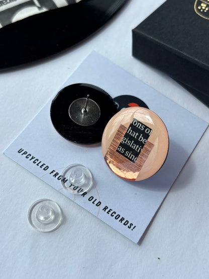 50% off large one of a kind studs In light warm pink, copper, with recycled magazine details/ upcycled from your old records