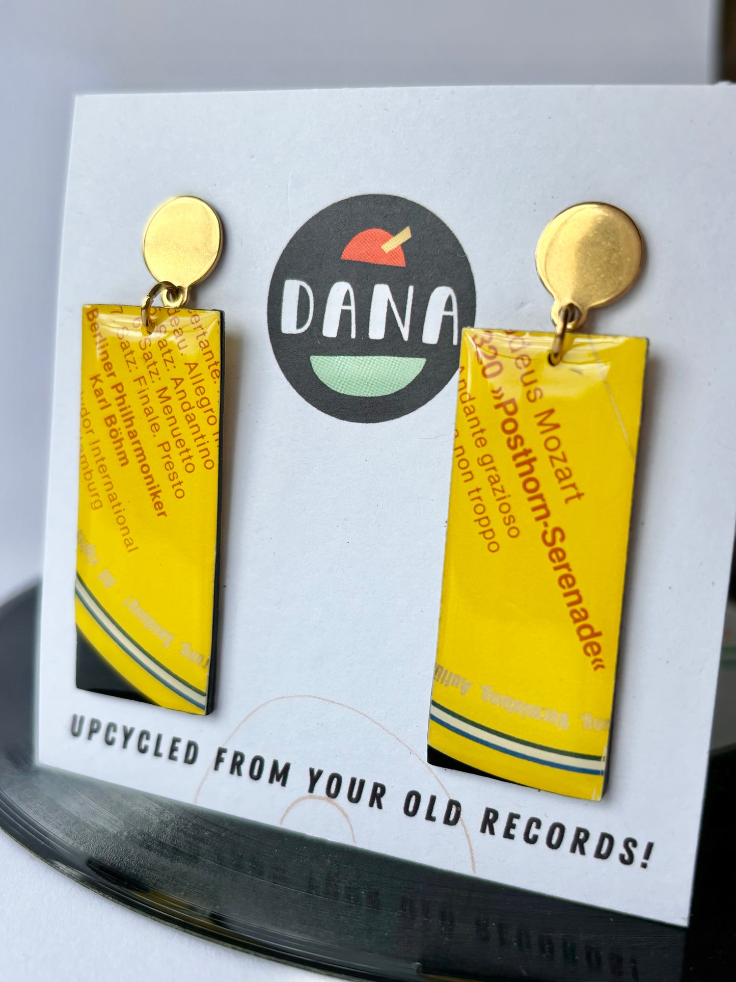 MOZART in bright yellow recycled vinyl record earrings one of a kind